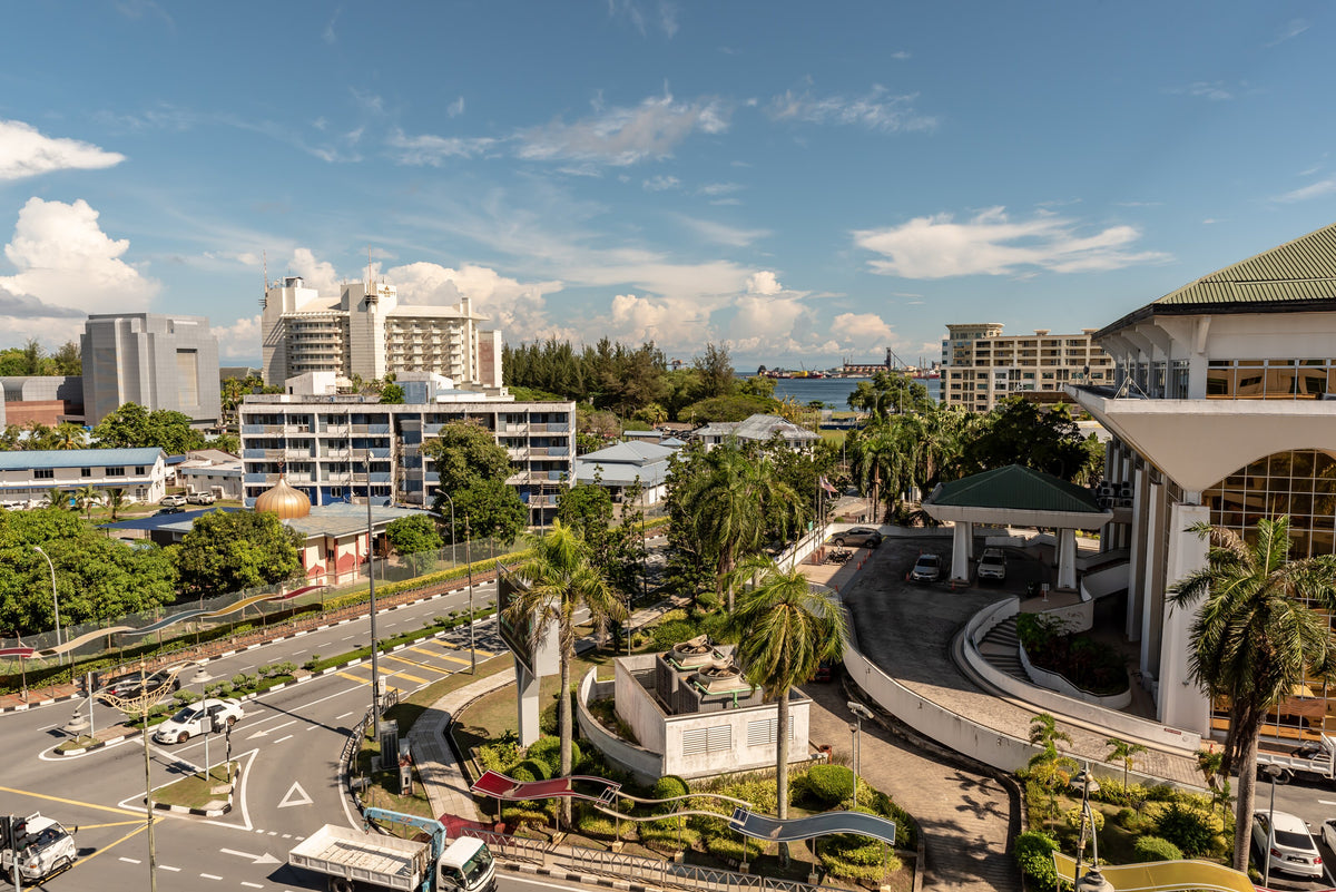 Buildings and palm-lined streets in Labuan, Malaysia