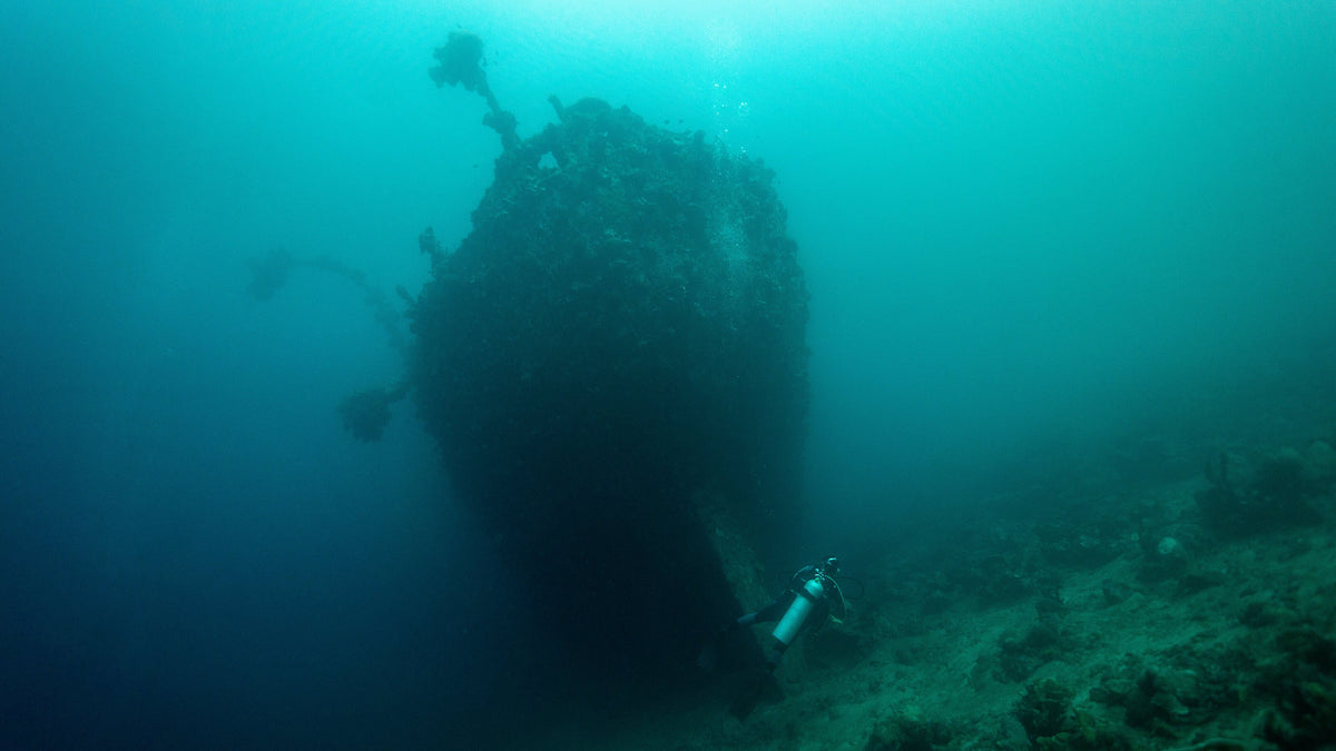 Silhouette of a sunken ship in the waters near Munda, Solomon Islands