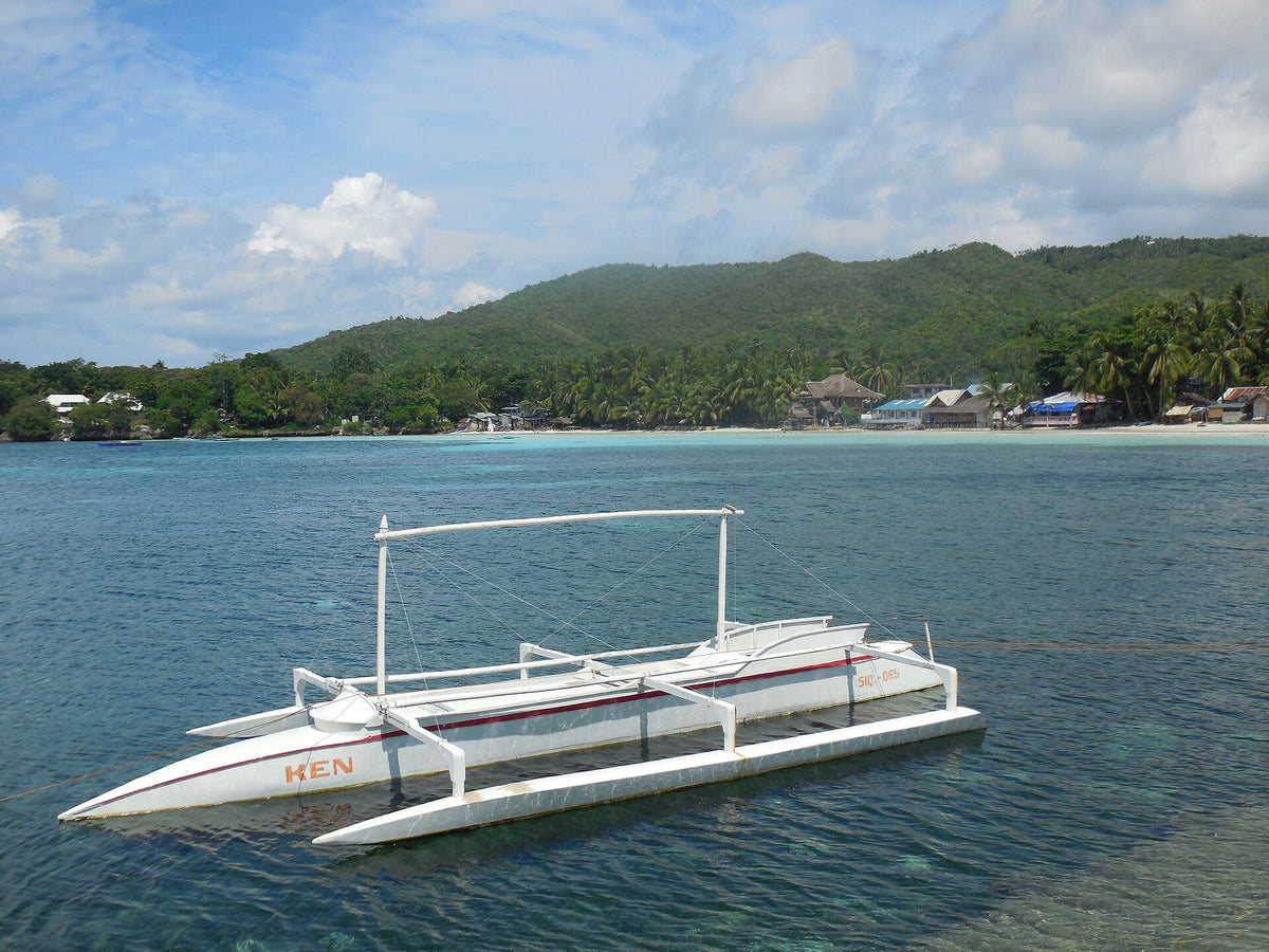 White outrigger boat beside the green coastline of Siquijor