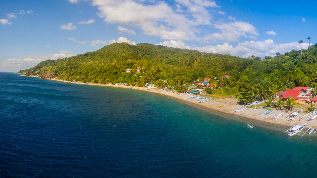 Aerial view of the Anilao coastline and hills in Mabini, Batangas