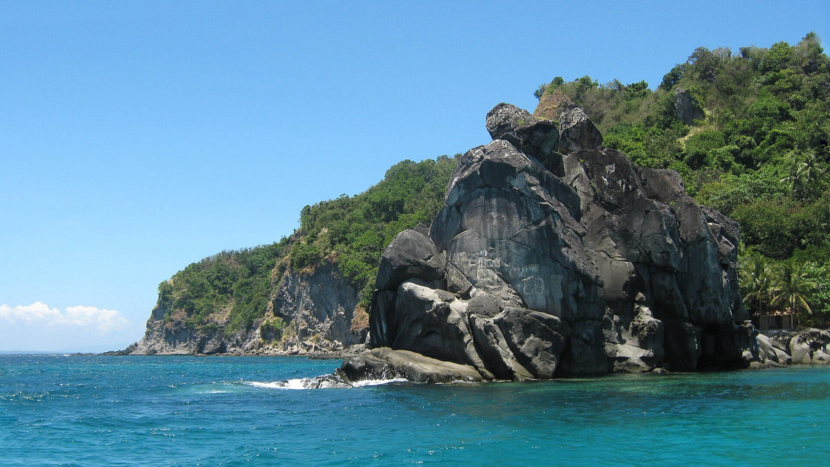 Rock formations and turquoise water on the coast of Apo Island