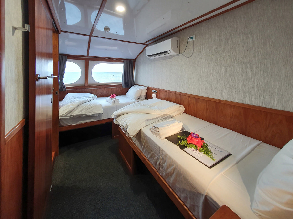 Two separate beds and sea-view windows in an MV Oceania twin cabin. Photo: Peter Lange.